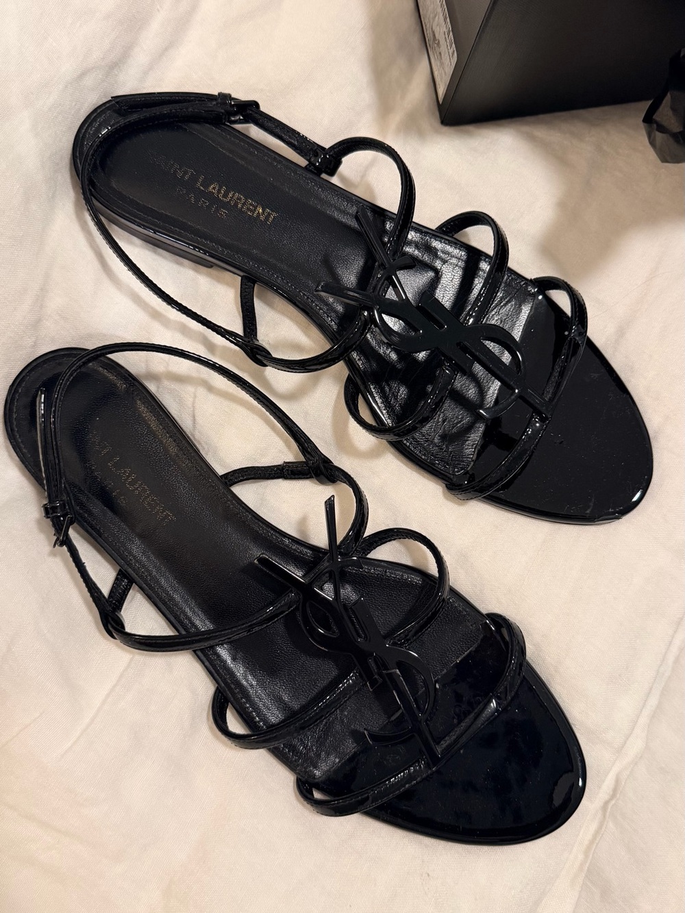 Yves Saint Laurent Black Patent Leather Strappy Logo Sandals